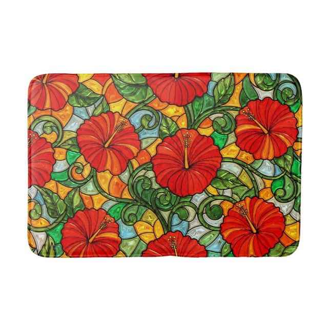 Red Gold Orange Hibiscus Faux Stained Glass Bath Mat (Front)