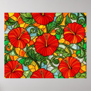 Red Gold Orange Hibiscus Faux Stained Glass Poster