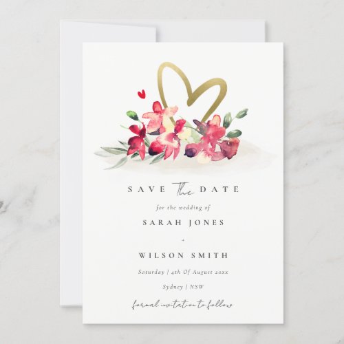 Red Gold Orchid Heart Floral Save The Date Card