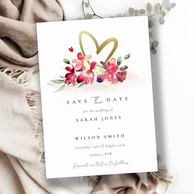 Red Gold Orchid Heart Floral Save The Date Card (Creator Uploaded)