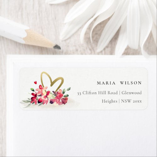 Red Gold Orchid Heart Floral Watercolor Address Label