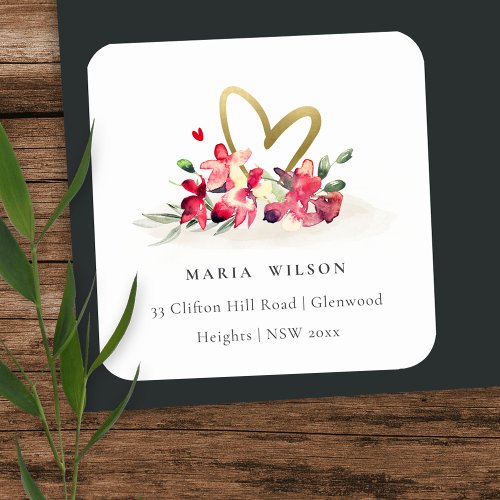 Red Gold Orchid Heart Floral Watercolor Address Square Sticker