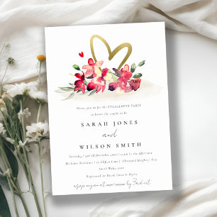 Red Gold Orchid Heart Floral Watercolor Engagement Invitation