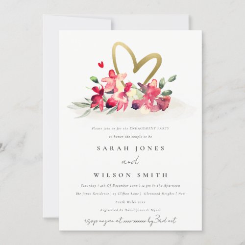 Red Gold Orchid Heart Floral Watercolor Engagement Invitation