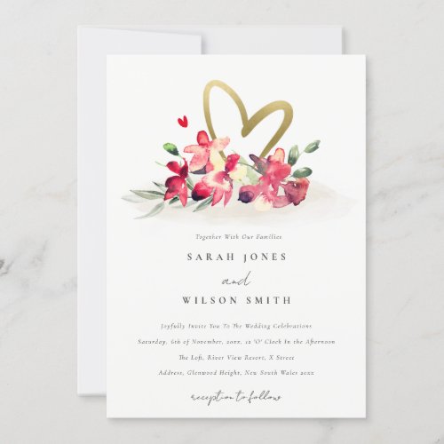 Red Gold Orchid Heart Floral Watercolor Wedding  Invitation