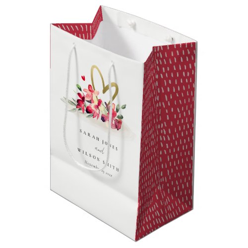 Red Gold Orchid Heart Floral Watercolor Wedding Medium Gift Bag