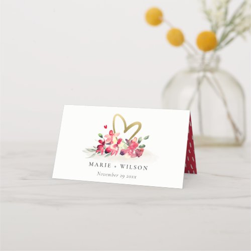 Red Gold Orchid Heart Floral Watercolor Wedding Place Card