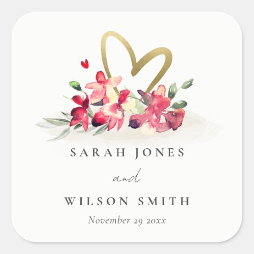 Red Gold Orchid Heart Floral Watercolor Wedding Square Sticker