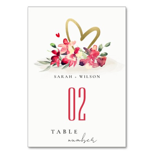 Red Gold Orchid Heart Floral Watercolor Wedding Table Number