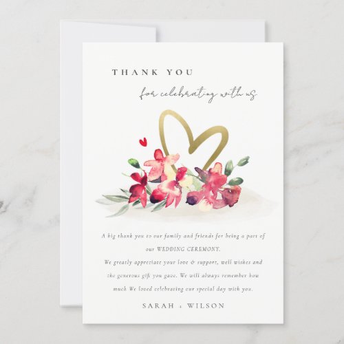 Red Gold Orchid Heart Floral Watercolor Wedding Thank You Card