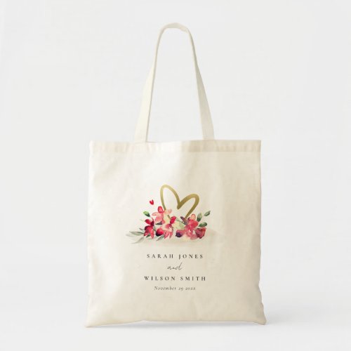 Red Gold Orchid Heart Floral Watercolor Wedding Tote Bag
