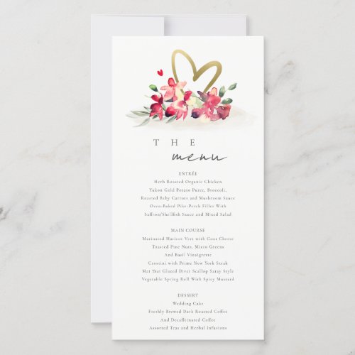 Red Gold Orchid Heart Floral Wedding Menu Card