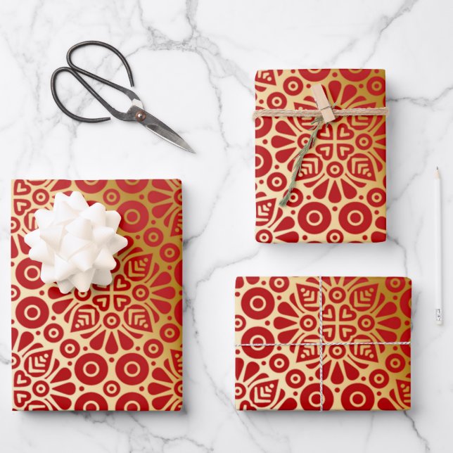 Red gold oriental pattern elegant wrapping paper sheets (Front)
