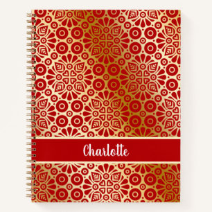 Red gold oriental pattern script monogram notebook