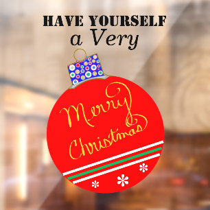 Red Gold Ornament Ball Merry Christmas Stripes Window Cling