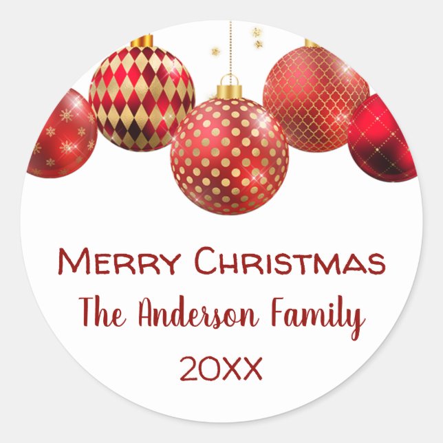 Red & Gold Ornament Christmas Holiday Party Classic Round Sticker (Front)