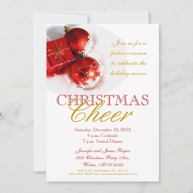 Red Gold Ornament Christmas Party Invitations (Front)