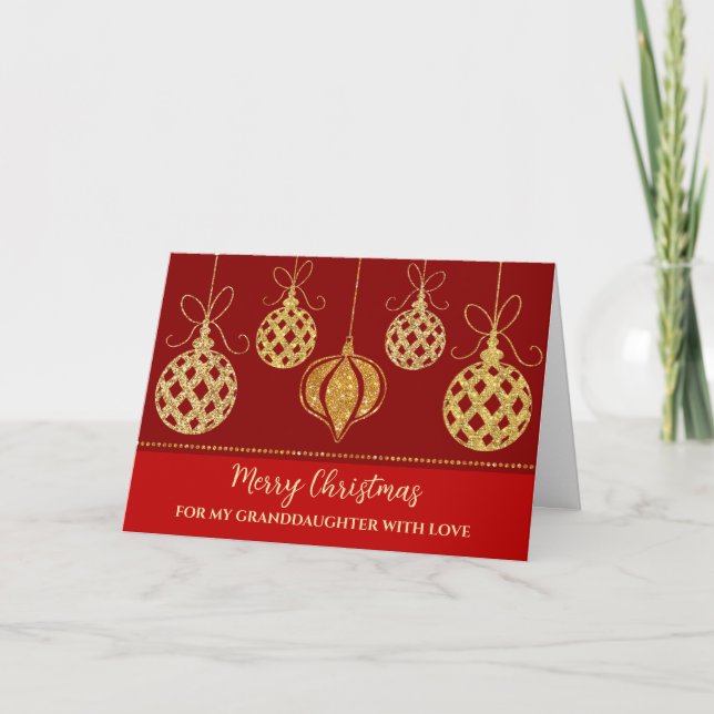 Red Gold Ornaments Granddaughter  Merry Christmas Card (Front)