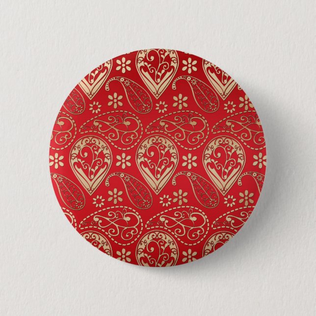 Red Gold Paisley Bandana Pattern Button (Front)