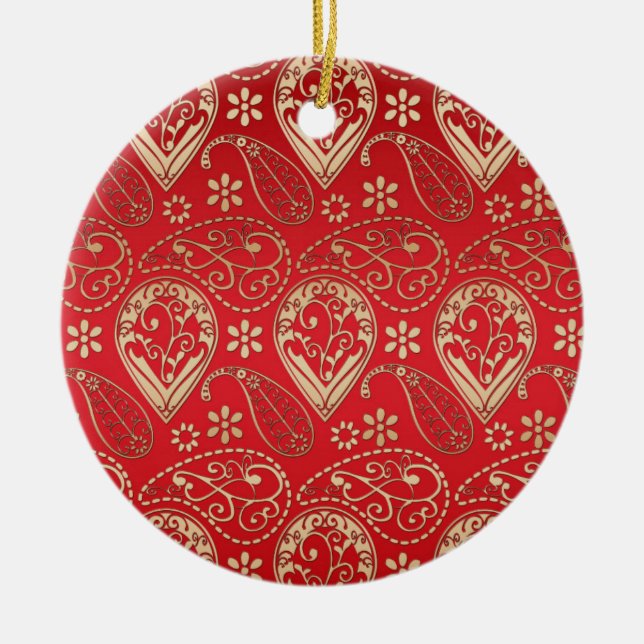 Red Gold Paisley Bandana Pattern Ceramic Ornament (Front)