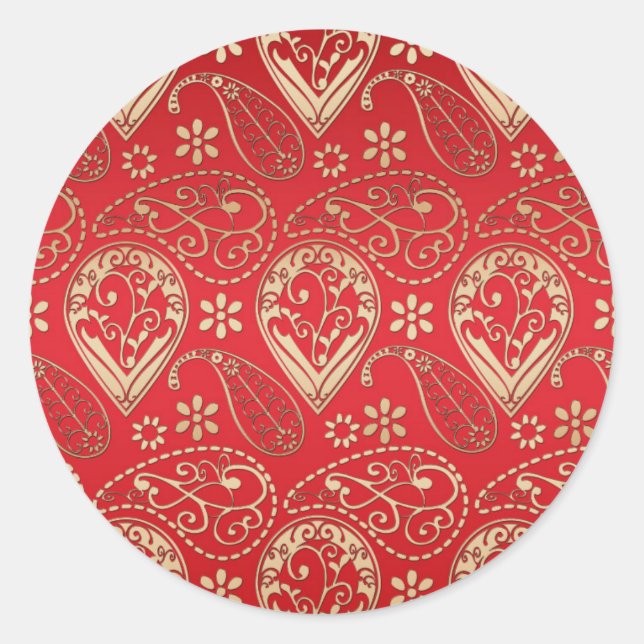 Red Gold Paisley Bandana Pattern Classic Round Sticker (Front)