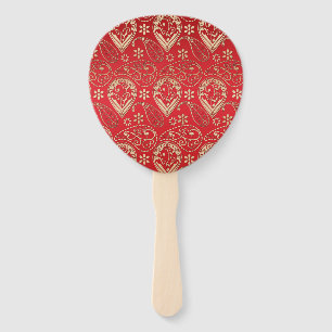 Red Gold Paisley Bandana Pattern Hand Fan