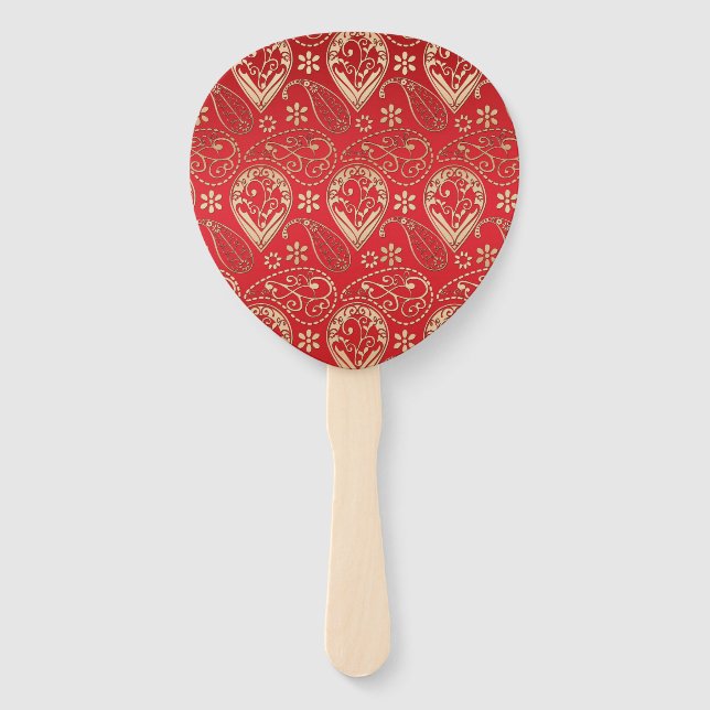 Red Gold Paisley Bandana Pattern Hand Fan (Front)