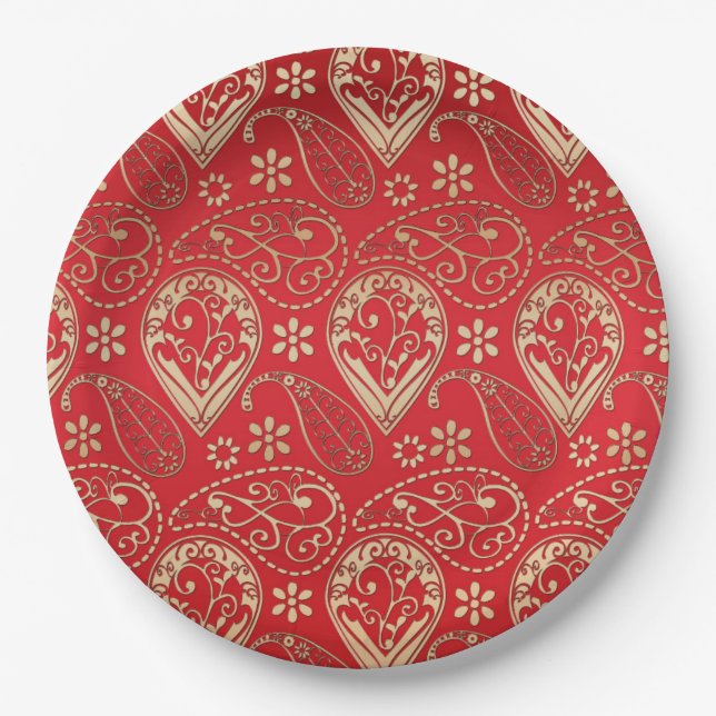 Red Gold Paisley Bandana Pattern Paper Plates (Front)