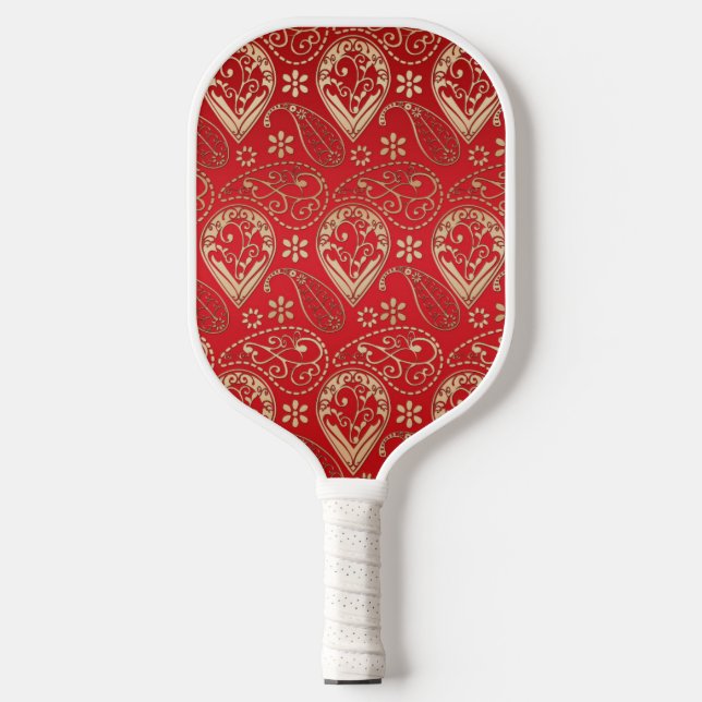 Red Gold Paisley Bandana Pattern Pickleball Paddle (Front)