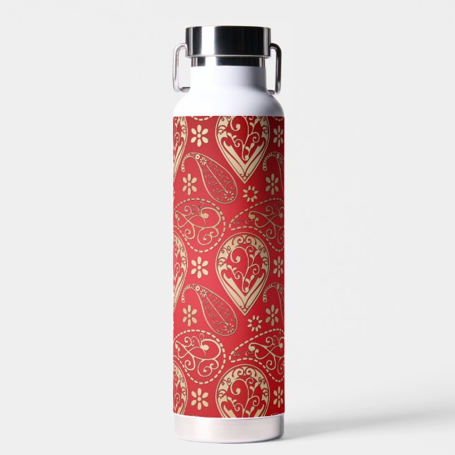 Red Gold Paisley Bandana Pattern Water Bottle (Front)