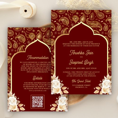 Red Gold Paisley Floral QR Code Indian Wedding Invitation
