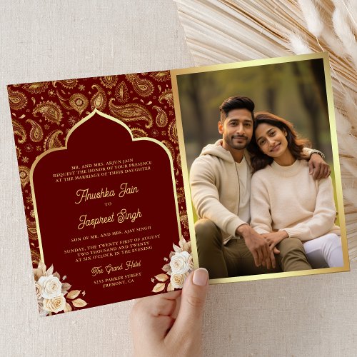 Red Gold Paisley Floral QR Code Indian Wedding Invitation