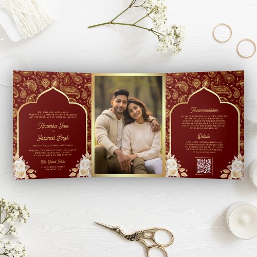 Red Gold Paisley Floral QR Code Indian Wedding Tri_Fold Invitation