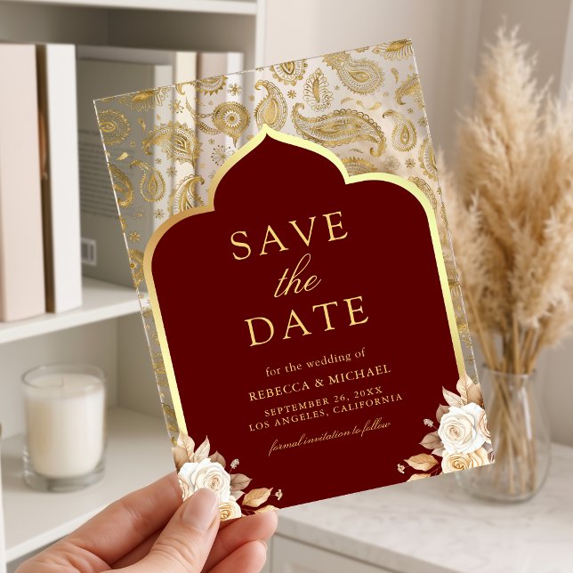 Red Gold Paisley Indian Wedding Save the Date (Creator Uploaded)