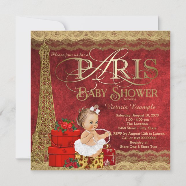 Red Gold Paris Baby Shower Invitation (Front)