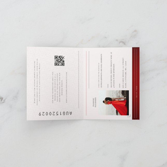 Red | Gold Passport Travel Destination Wedding Invitation (Inside)