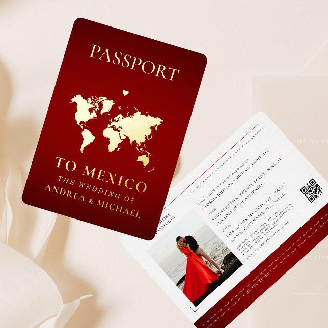 Red Gold Passport Travel Destination Wedding Real Foil Invitation (Creator Uploaded)