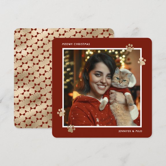 Red Gold Paws Cat Owner Photo Meowy Christmas