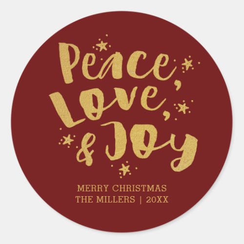 Red Gold Peace Love  Joy Holiday Christmas Classic Round Sticker