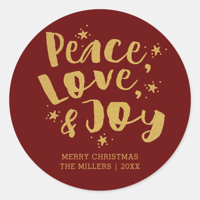Red Gold Peace Love & Joy Holiday Christmas Classic Round Sticker (Front)