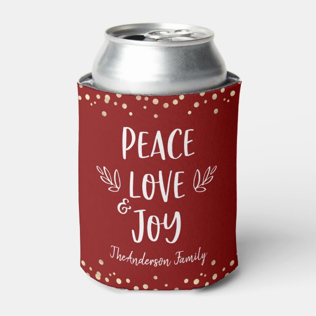 Red Gold Peace Love Joy Modern Typography Confetti Can Cooler (Can Front)