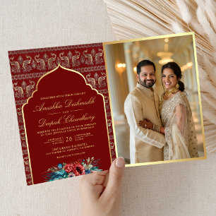 Red Gold Peacock Pattern Floral Indian Wedding Invitation