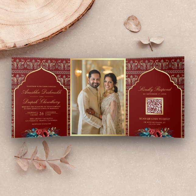 Red Gold Peacock Pattern Floral Indian Wedding Tri-Fold Invitation (Creator Uploaded)