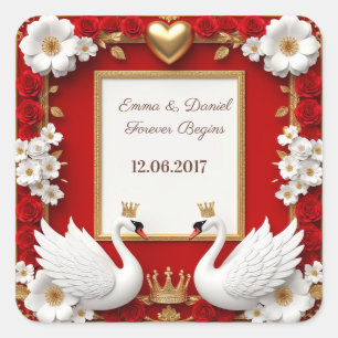 🦢 Red Gold Pearl Swan Wedding ✨ Square Sticker