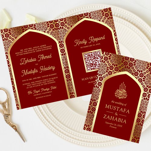 Red Gold Persian Arch QR Code Muslim Wedding Invitation