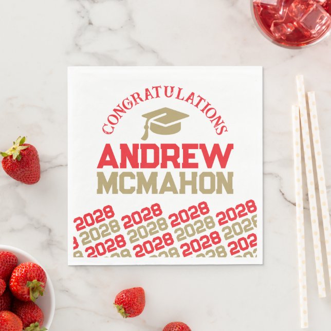 Red & Gold Personalized Graduation Party Paper Napkins (Insitu)