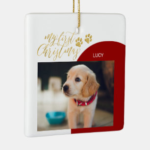 Red & Gold Pet Puppy First Christmas Photo Ceramic Ornament