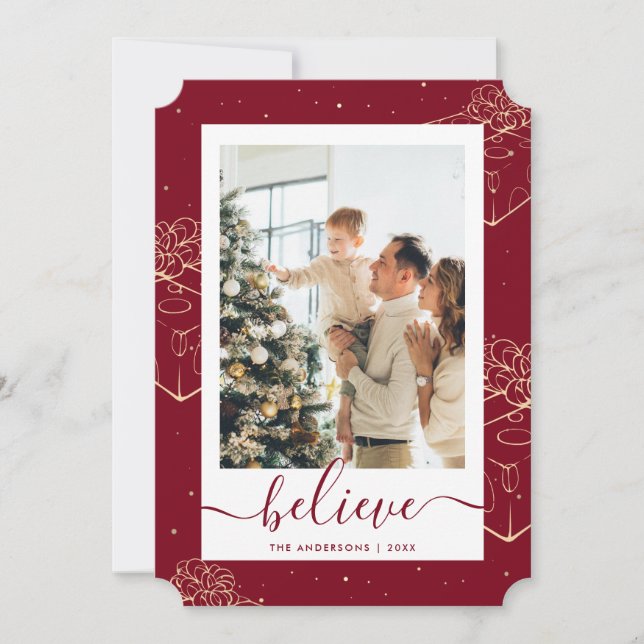 Red Gold Photo Believe Christmas Holiday Card (Front)