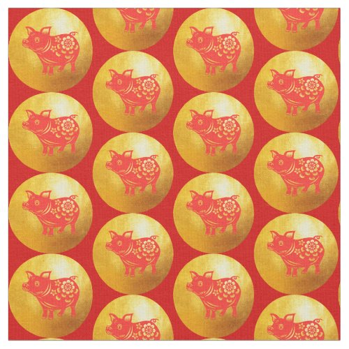 Red Gold Pig Papercut Chinese New Year 2019 Fabric