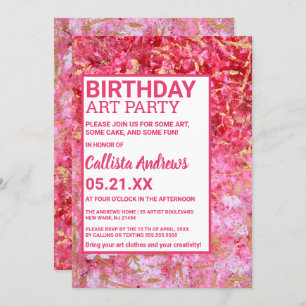 Red Gold Pink Acrylic Paint Art Party Birthday Invitation